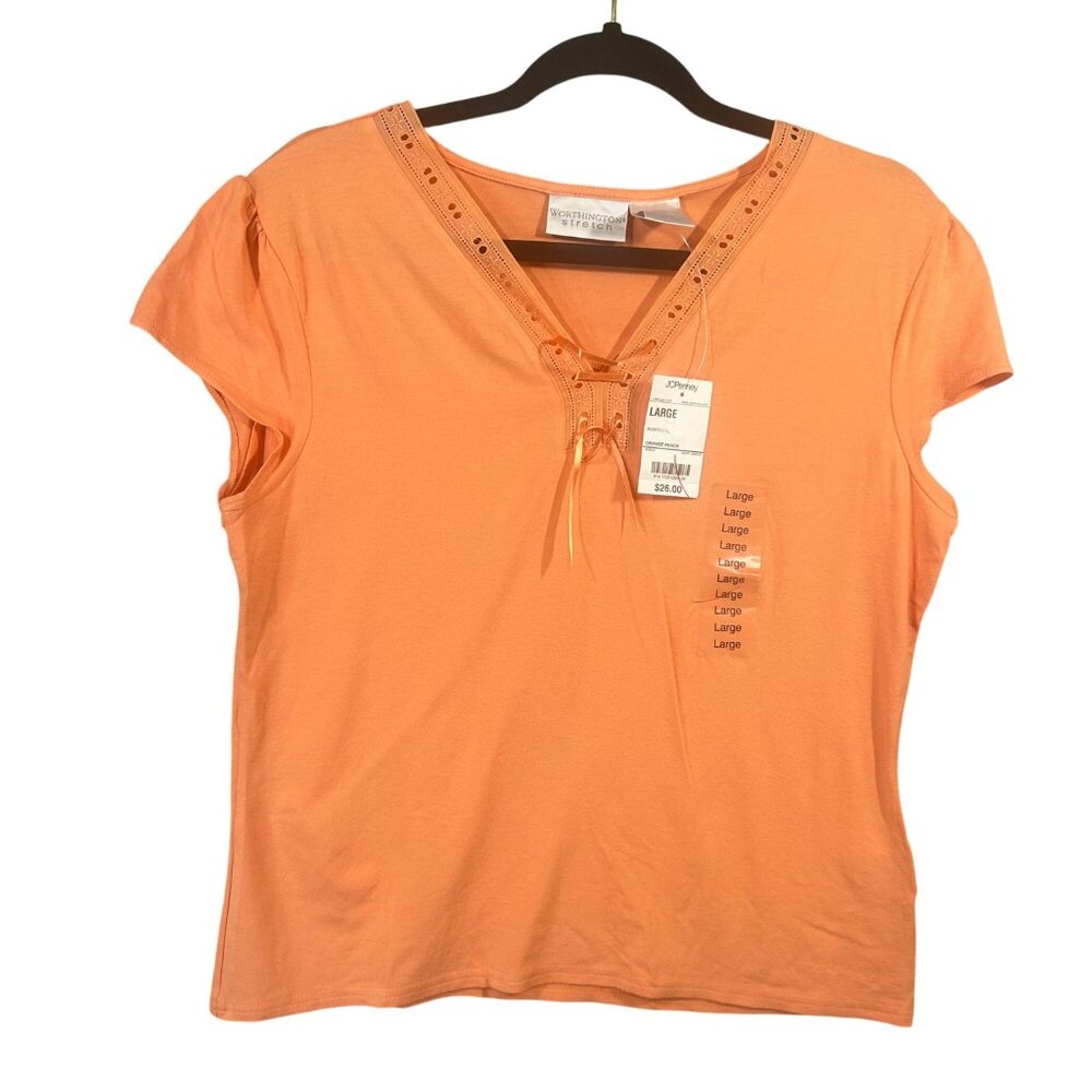 Worthington Orange V-Neck Short Sleeve Top with Eyelet Trim